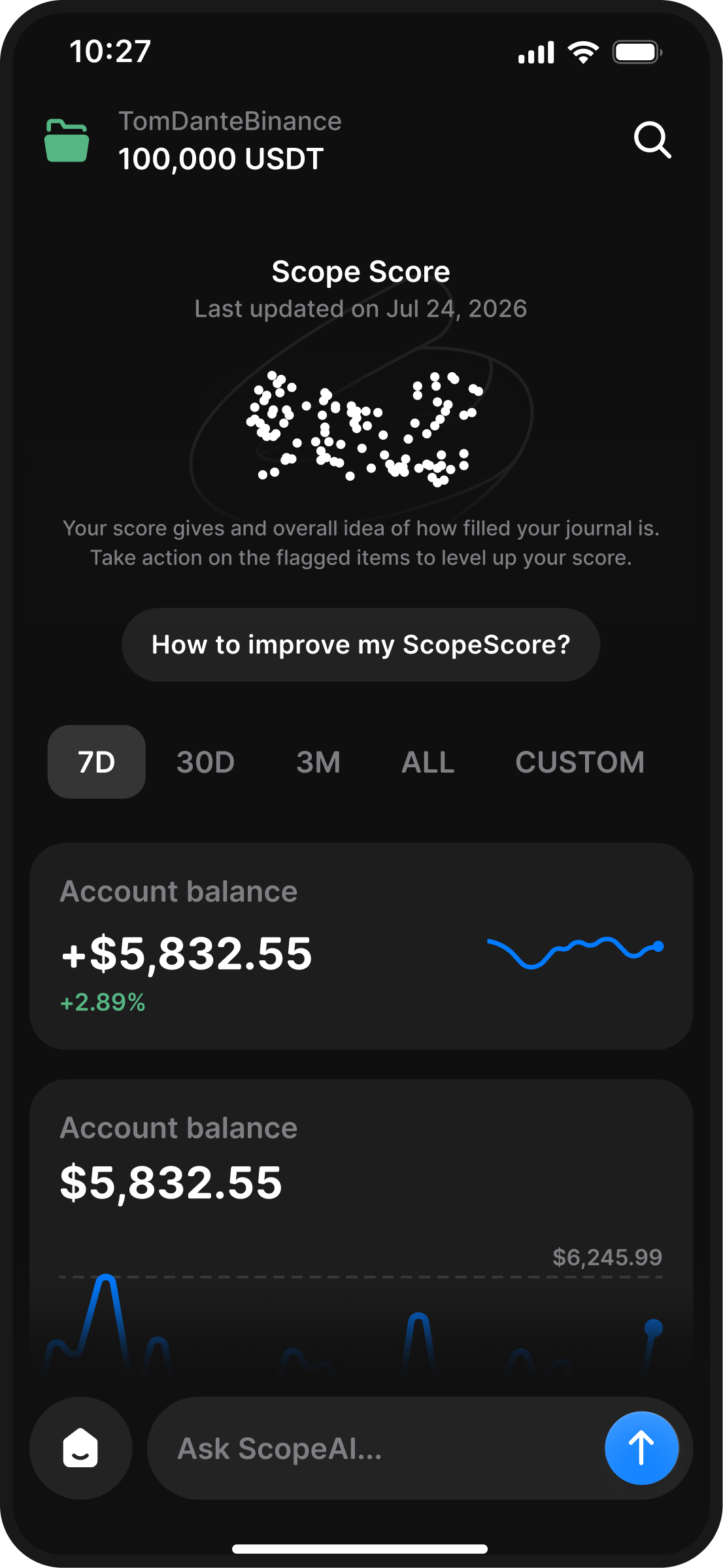 Scope mobile dashboard with Scope Score and account balance